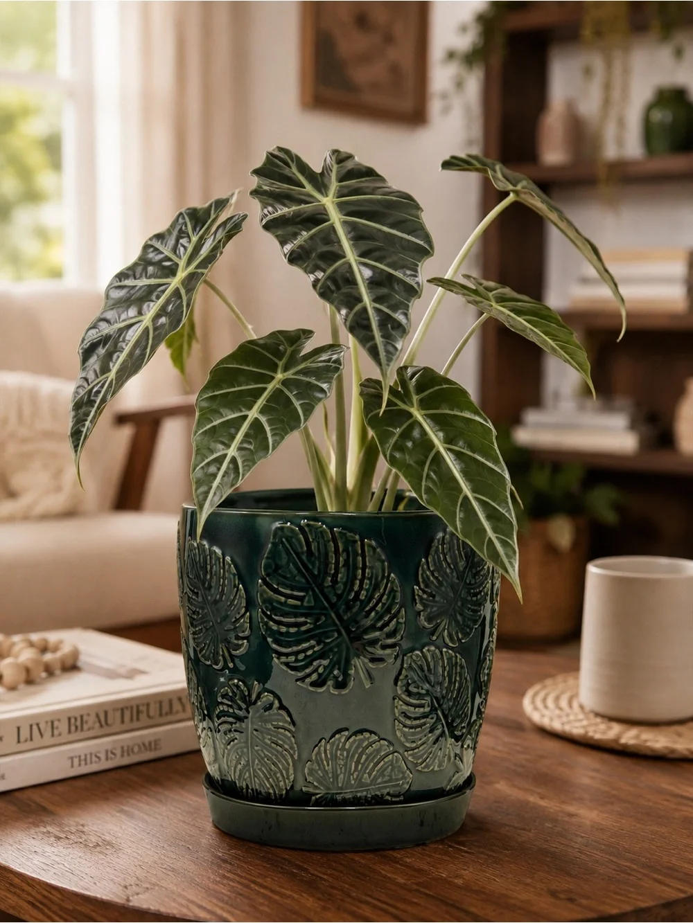 Ceramic Leaf Planter with Attached Saucer and Drainage Hole, 7.5 Inch